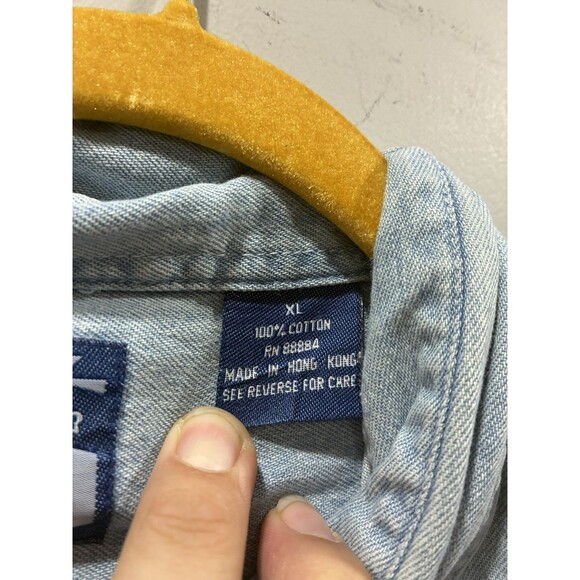 90s Real Good Denim Sport Shirt XL Made in Hong Kong Basket Embroidery Cottage - Picture 4 of 8